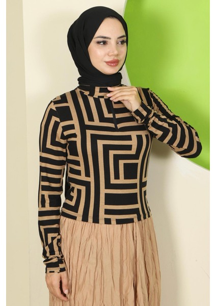 Labirent Desen Fermuarlı Body Kahverengi HM2831 fırsatları