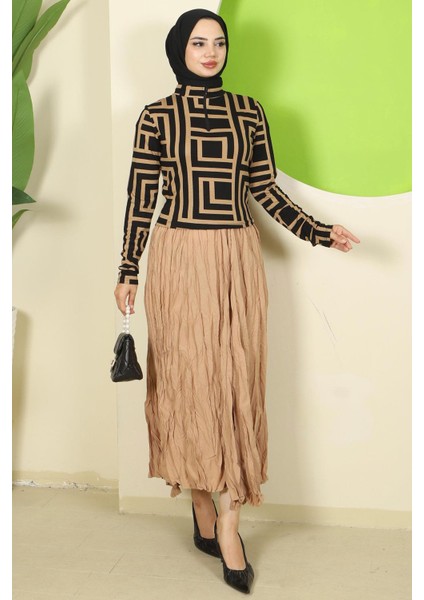 Labirent Desen Fermuarlı Body Kahverengi HM2831 indirimleri