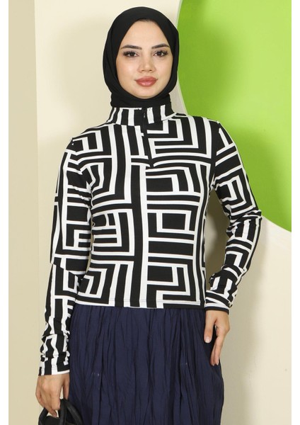 Labirent Desen Fermuarlı Body Beyaz HM2831