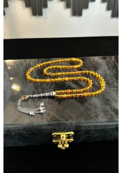 Özel Tasarım 99`luk Damla Kehribar Namaz Tesbihi Gümüş Püskül(Amber), (مسبحة قطرة كهريبار)