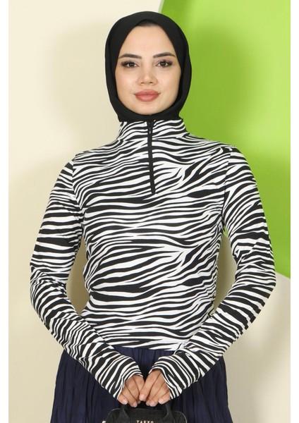 Zebra Desen Fermuarlı Body Beyaz HM2832