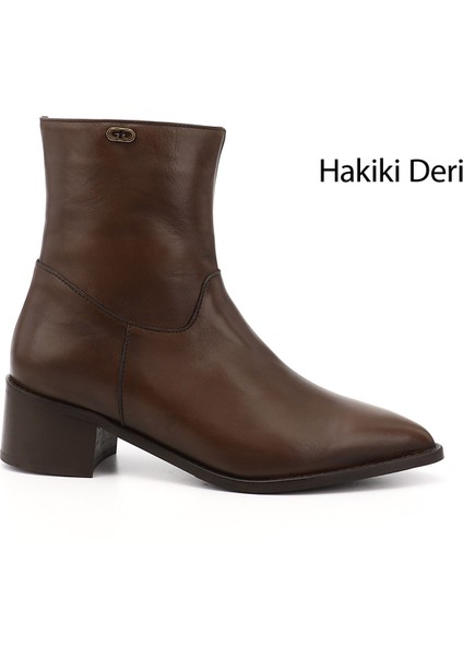 Kadın Kahverengi Fermuarlı Sivri Burun Hakiki Deri Bot