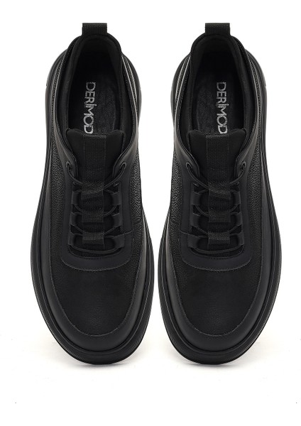 Erkek Siyah Bağcıklı Kalın Tabanlı Deri Sneaker 25WFD642414