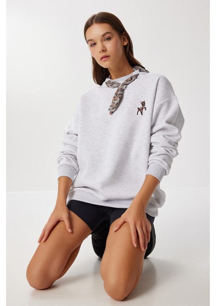Fular Detaylı Şardonlu Örme Sweatshirt LPX0005 Gri Melanj