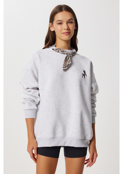 Fular Detaylı Şardonlu Örme Sweatshirt LPX0005 Gri Melanj modelleri