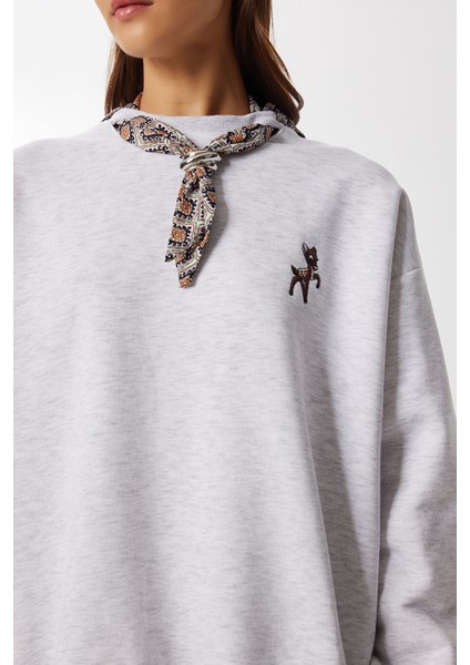 Fular Detaylı Şardonlu Örme Sweatshirt LPX0005 Gri Melanj fırsatları