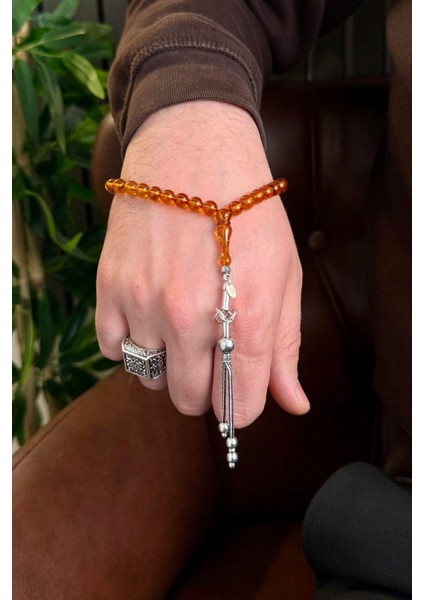 Mini Bürokrat Boy Gümüş Tasarım Damla Kehribar Tesbih (Amber), (مسبحة قطرة كهريبار)