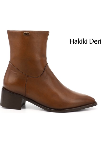 Kadın Taba Fermuarlı Sivri Burun Hakiki Deri Bot