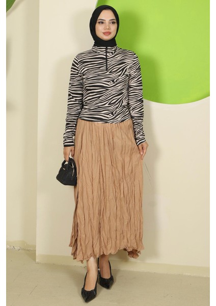 Zebra Desen Fermuarlı Body Bej HM2832 fırsatları