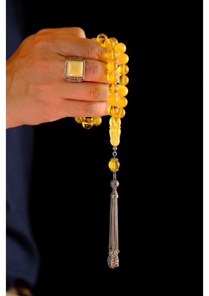 Elit Tasarım Rus Damla Kehribar Gümüş Püskül Tesbih (Amber), (مسبحة قطرة كهريبار)