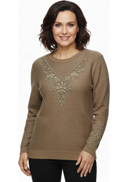 Kadın Kışlık Kazak Bisiklet Yaka Pamuklu Kardelen Örgü Nakışlı Tam Kalıp