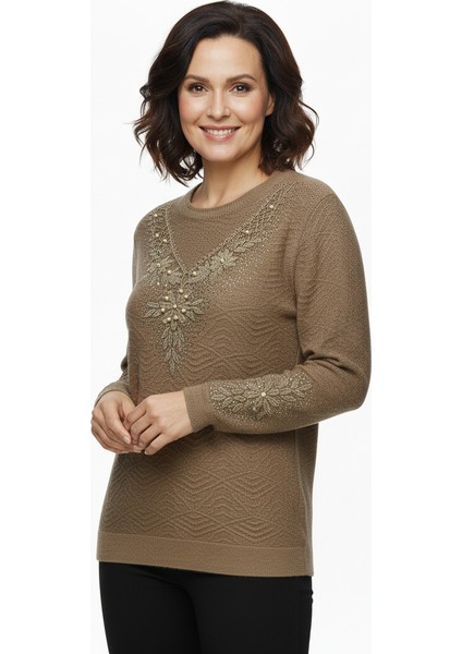 Kadın Kışlık Kazak Bisiklet Yaka Pamuklu Kardelen Örgü Nakışlı Tam Kalıp fiyatları