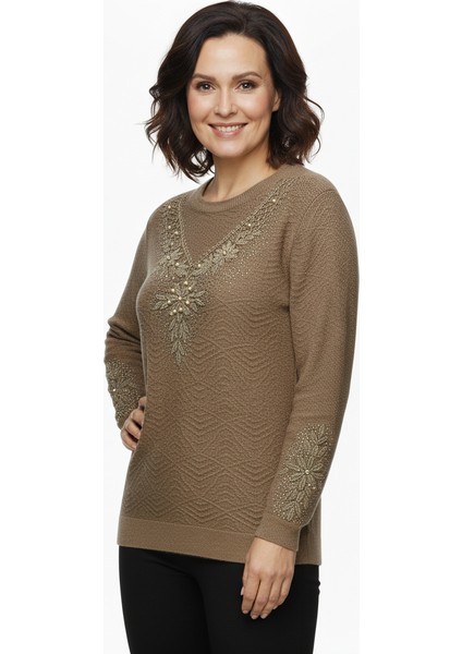 Kadın Kışlık Kazak Bisiklet Yaka Pamuklu Kardelen Örgü Nakışlı Tam Kalıp modelleri