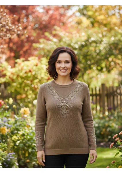 Kadın Kışlık Kazak Bisiklet Yaka Pamuklu Kardelen Örgü Nakışlı Tam Kalıp indirimleri