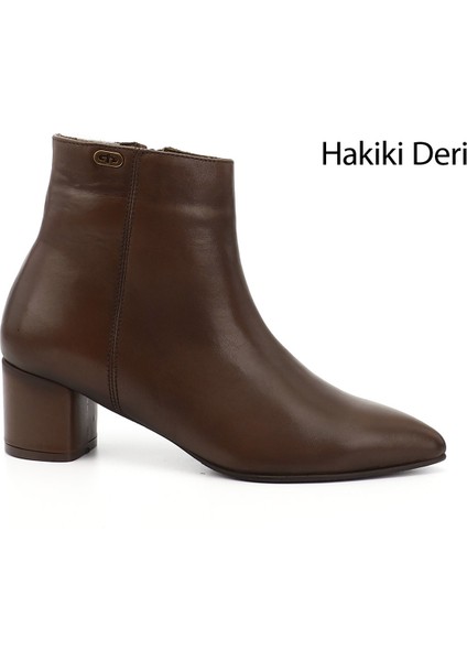 Kadın Kahve Fermuarlı Sivri Burun Hakiki Deri Bot