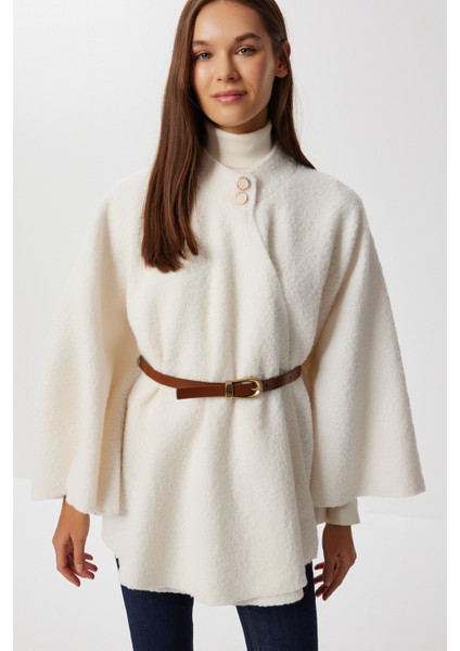 Kemerli Düğmeli Buklet Panço LMW0030 Ekru fiyatları