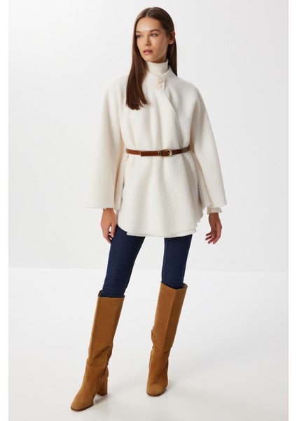 Kemerli Düğmeli Buklet Panço LMW0030 Ekru indirimleri