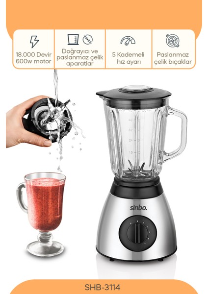 600W Cam Blender ve Öğütücü Kırmızı, Buz Kırıcı, Smoothie Hazırlama Aracı