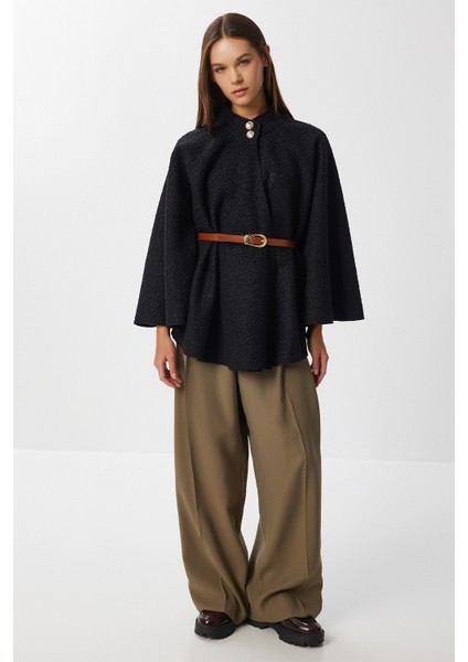 Kemerli Düğmeli Buklet Panço LMW0030 Siyah