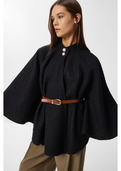 Kemerli Düğmeli Buklet Panço LMW0030 Siyah fiyatları