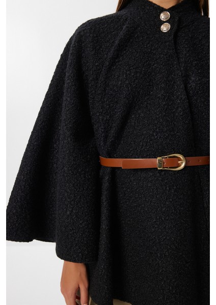 Kemerli Düğmeli Buklet Panço LMW0030 Siyah fırsatları