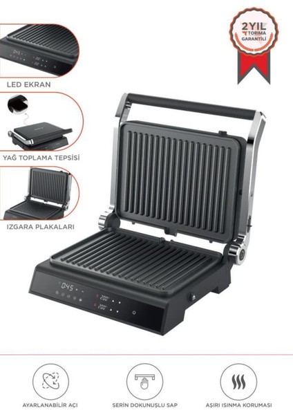 2000W Dijital Ekranlı Siyah Tost ve Izgara Makinesi, Çıkarılabilir Plakalar