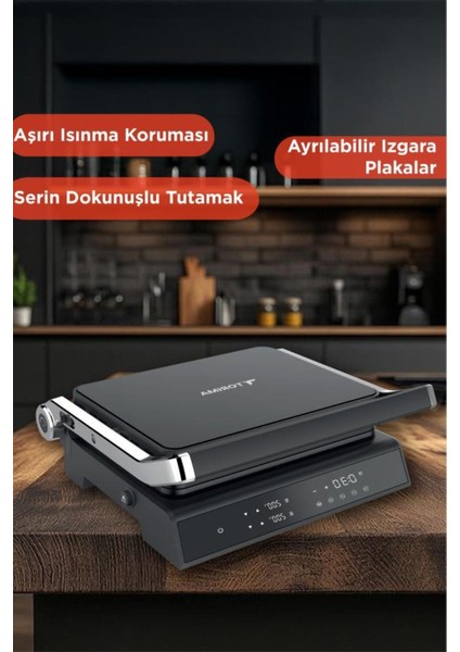 2000W Dijital Ekranlı Siyah Tost ve Izgara Makinesi, Çıkarılabilir Plakalar fırsatları