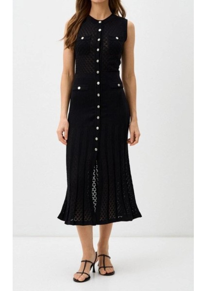 Sandaro Siyah Örgü Elbise ,gündelik Şık Elbise , Sandro Yuvarlak Boyun Kolsuz Örgü Orta Uzunlukta Elbise modelleri