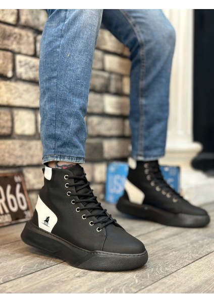 ET0155 Bağcıklı Erkek Yüksek Taban Siyah Beyaz Spor Bot