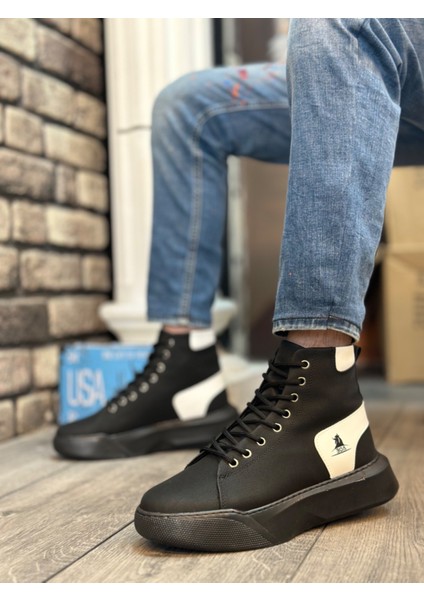 ET0155 Bağcıklı Erkek Yüksek Taban Siyah Beyaz Spor Bot fiyatları