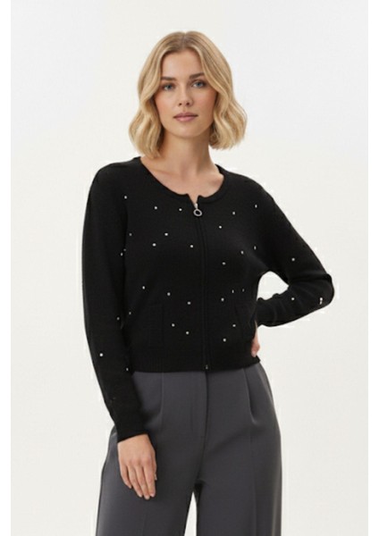 Siyah Kadın Fermuarlı Taş Detaylı Triko Hırka 6405