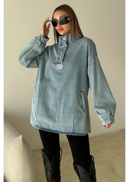 Önü Taş Detaylı Salaş Denim Tunik Mavi 9831