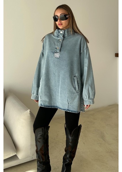 Önü Taş Detaylı Salaş Denim Tunik Mavi 9831 fiyatları