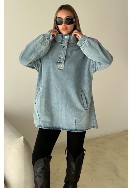Önü Taş Detaylı Salaş Denim Tunik Mavi 9831 modelleri