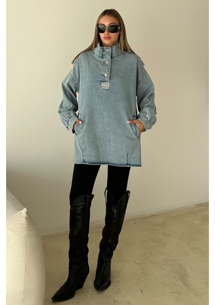 Önü Taş Detaylı Salaş Denim Tunik Mavi 9831 fırsatları