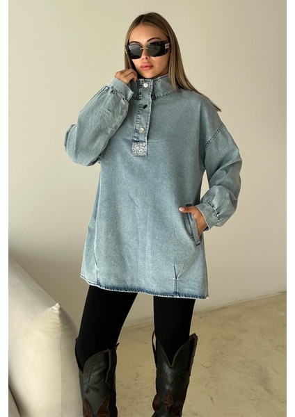 Önü Taş Detaylı Salaş Denim Tunik Mavi 9831 indirimleri