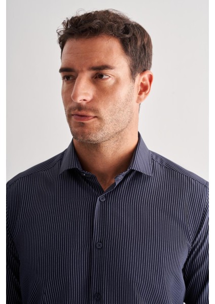 Koyu Lacivert Yarım Italyan Yaka Uzun Kol Cepsiz Slimfit Fit Classic Gömlek 1004255162 fırsatları