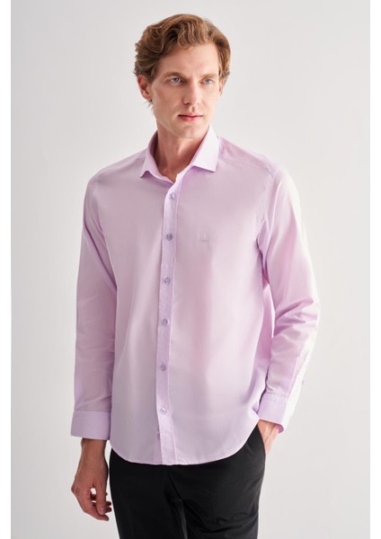 Lila Yarım Italyan Yaka Uzun Kol Slim Fit Pamuklu Gömlek 1004255180