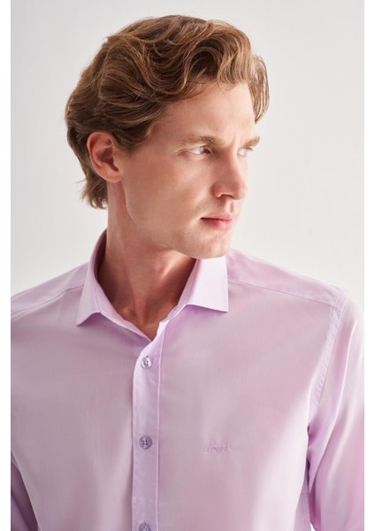 Lila Yarım Italyan Yaka Uzun Kol Slim Fit Pamuklu Gömlek 1004255180 fırsatları