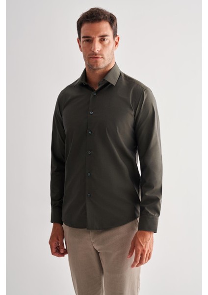 Haki Sert Yaka Filafil Desen Uzun Kol Slim Fit Pamuklu Gömlek 1004255181