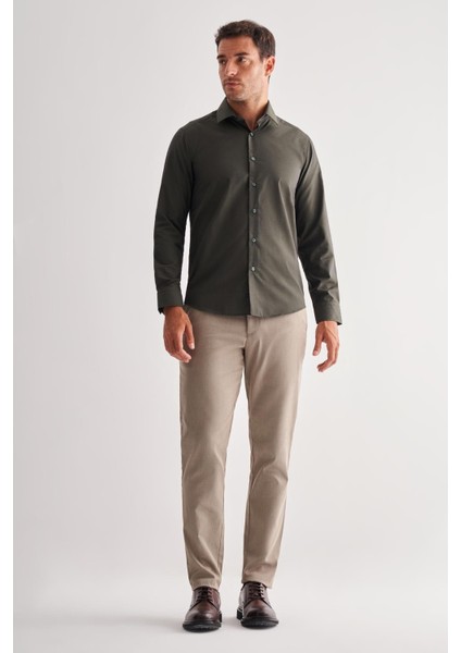 Haki Sert Yaka Filafil Desen Uzun Kol Slim Fit Pamuklu Gömlek 1004255181 fiyatları