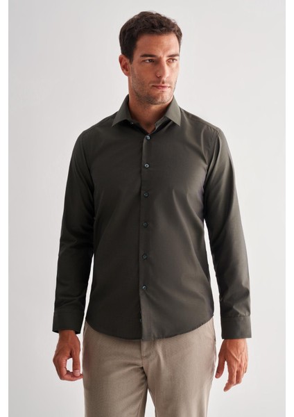 Haki Sert Yaka Filafil Desen Uzun Kol Slim Fit Pamuklu Gömlek 1004255181 modelleri