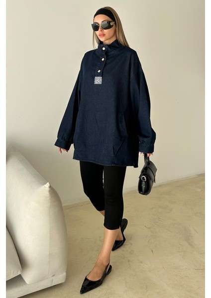 Önü Taş Detaylı Salaş Denim Tunik Koyu Mavi 9831 modelleri