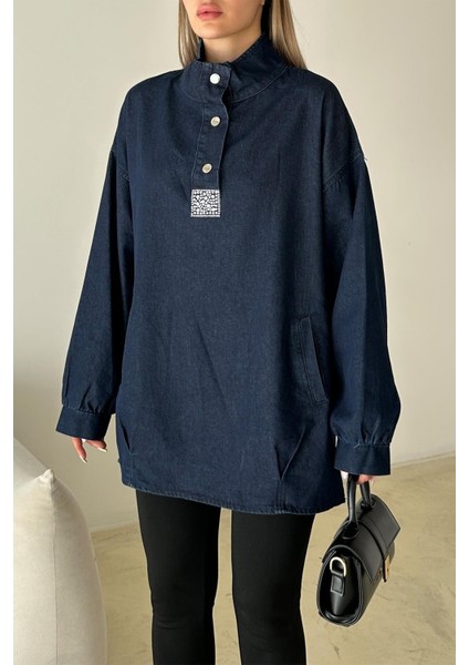Önü Taş Detaylı Salaş Denim Tunik Koyu Mavi 9831 indirimleri