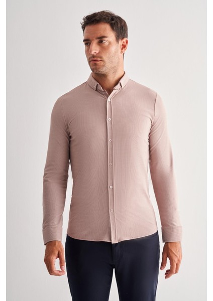Koyu Kahverengi Smart Düğmeli Yaka Uzun Kol Cepsiz Slim Fit Casual Gömlek 1004255165