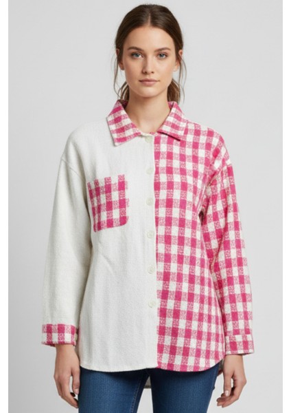Kadın Pembe Oversize Fit Ekoseli Desenli Uzun Kollu %100 Pamuk Gömlek, Ceket, Kadın Oduncu Gömlek