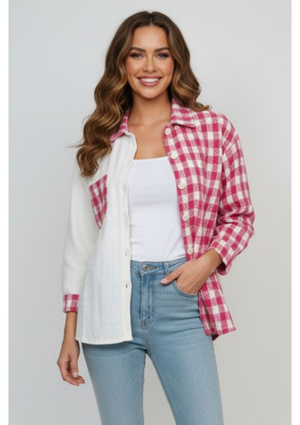 Kadın Pembe Oversize Fit Ekoseli Desenli Uzun Kollu %100 Pamuk Gömlek, Ceket, Kadın Oduncu Gömlek fiyatları