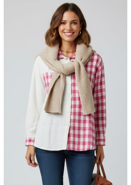 Kadın Pembe Oversize Fit Ekoseli Desenli Uzun Kollu %100 Pamuk Gömlek, Ceket, Kadın Oduncu Gömlek modelleri