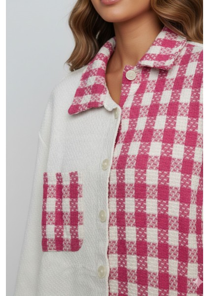 Kadın Pembe Oversize Fit Ekoseli Desenli Uzun Kollu %100 Pamuk Gömlek, Ceket, Kadın Oduncu Gömlek fırsatları