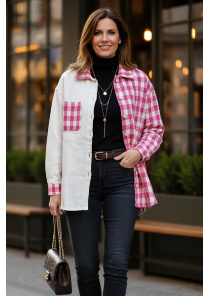 Kadın Pembe Oversize Fit Ekoseli Desenli Uzun Kollu %100 Pamuk Gömlek, Ceket, Kadın Oduncu Gömlek